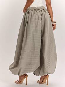 SHEIN BAE Quần ống rộng dáng suông kẻ caro phong cách retro thường ngày dành cho nữ, có thắt lưng. - Màu Khaki - Xem 2