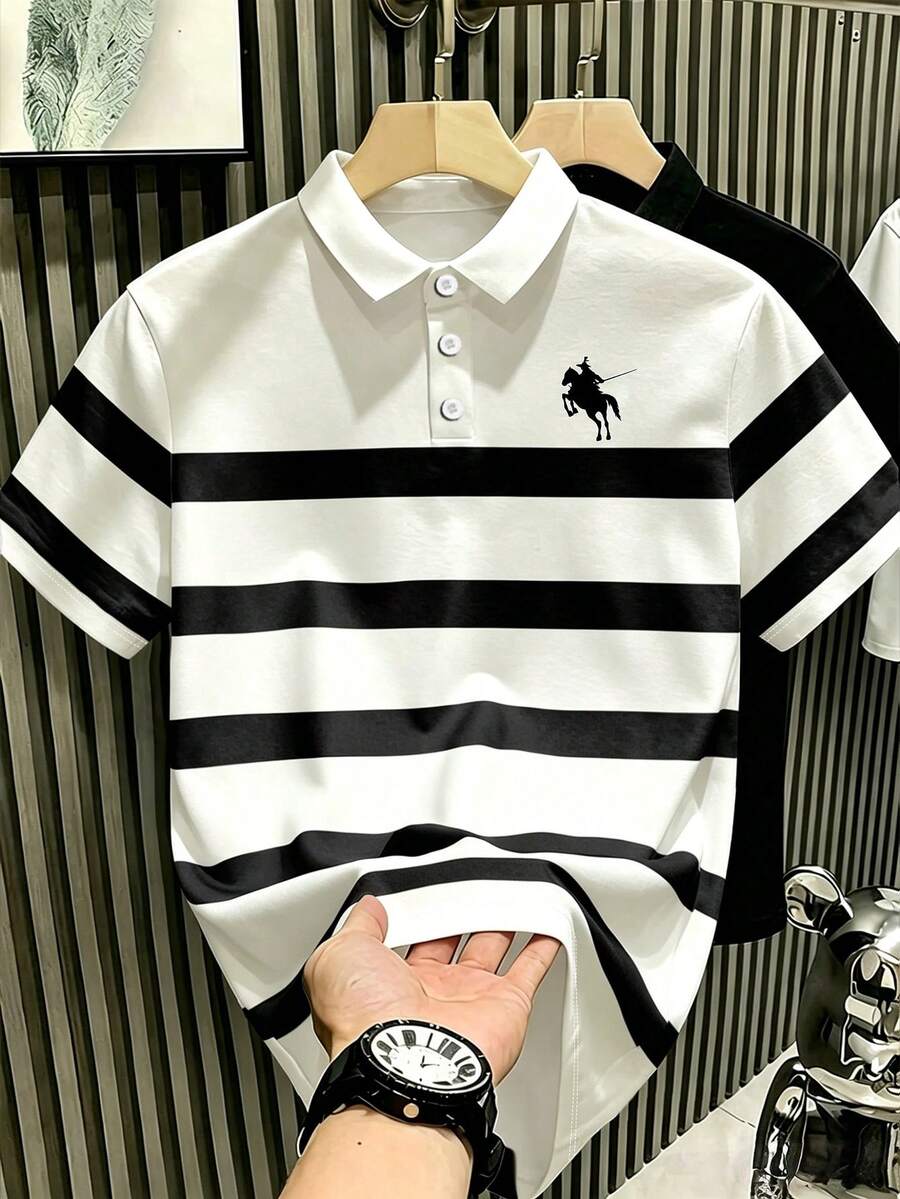 Manfinity Hypemode Camisa polo de hombre con estampado de caballo, top casual de manga corta a rayas negras y blancas, top de golf de verano para chicos, trabajadores de oficina, estudiantes & uso diario, formal - Multicolor - Ver 1