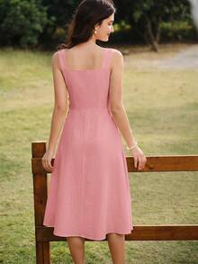 Vestido amarillo elegante vintage retro para mujer con bolsillos y botones,estilo casual de los 90 para primavera,verano,picnic,playa y vacaciones - Rosa 2 - Ver 3