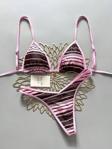 Swim Mod 2pcs/Set Random Floral Print Gold Disc Decor Halter Triangle Bra And High Cut Thong Sexy Bikini Swimwear Set, Spring/Summer - Multicolor - View 3