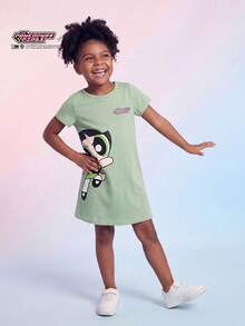 THE POWERPUFF GIRLS X SHEIN Maija Kids Young Girl Cartoon Pattern Knit Soft Round Neck Short Sleeve Dress - Green - View 2