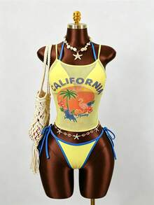 Zestiva Nuevo conjunto de bikini de verano sexy con tirantes halter y cubre, traje de baño de 3 piezas para busto pequeño, bikini estilizador y de moda con tirantes, ropa de baño para vacaciones en la playa - Multicolor - Ver 2