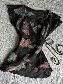 Glimmora Women's Spring/Summer New Floral Print V-Neck Bow Tie Waist Ruffle Sleeve Blouse - Black - View 5