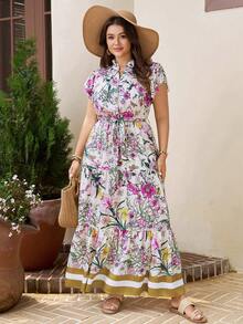Comfylo Plus Size Minimalist Colorful Floral Print Short Sleeve Dress Holiday Holiday Vacation White Floral Summer Boho - Multicolor - View 5