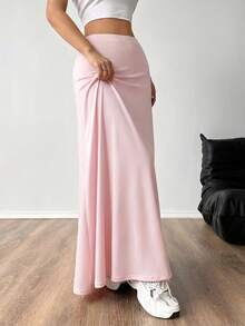 SHEIN EZwear 女款彈性腰純色極簡A字長裙，女款休閒不對稱修身純粉色裙，適合春/秋日常休閒穿著 - 粉色 - 查看 5