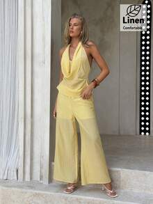 Aloruh Women's Summer Holiday Solid Color Textured Halter Top And Pants 2 Pieces Set Vacation Yellow Casual - Khaki - View 11
