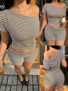 Sunnyshic Plus Size Women's Asymmetric Shoulder Striped Short Sleeve Top And Low-Waist Shorts 2 Piece Set, Spring/Summer Striped 2 Piece Set, 2 Piece Shorts Set, Summer 2 Piece Set, Casual 2 Piece Set, Comfortable 2 Piece Set, Suitable For Vacation, College Style, Back To School, Daily Wear, Office - Multicolor - View 1