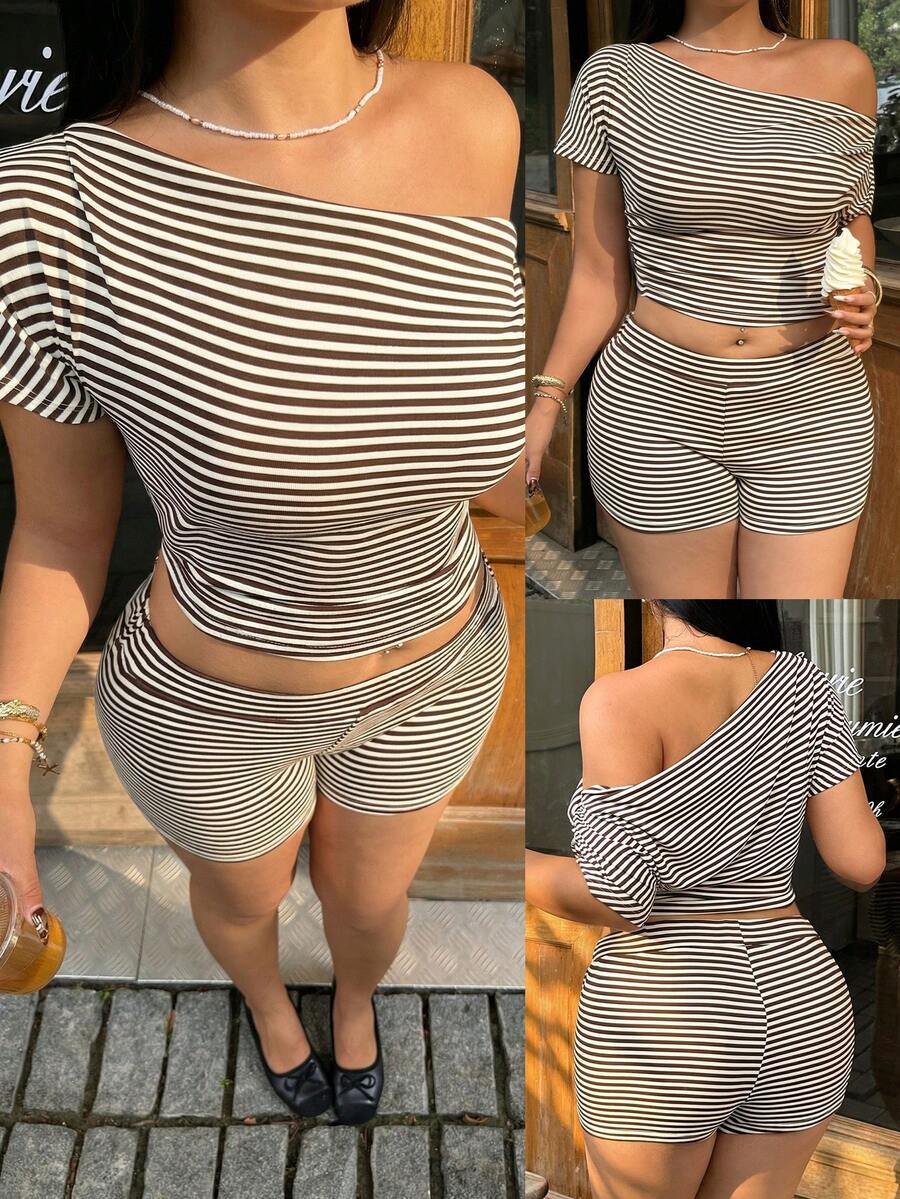 Sunnyshic Plus Size Women's Asymmetric Shoulder Striped Short Sleeve Top And Low-Waist Shorts 2 Piece Set, Spring/Summer Striped 2 Piece Set, 2 Piece Shorts Set, Summer 2 Piece Set, Casual 2 Piece Set, Comfortable 2 Piece Set, Suitable For Vacation, College Style, Back To School, Daily Wear, Office - Multicolor - View 1