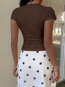 Muchica Coffee Brown Knit Bodycon T-Shirt For Women Vacation Summer Cute - Chocolate Brown - View 2