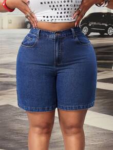 SHEIN ICON Plus Size Women High Waist Pockets Casual Retro Denim Shorts - Dark Wash - View 4