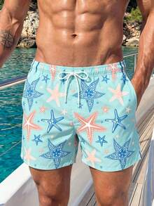 Manfinity KASUA Men's Starfish Print Casual Beach Shorts - Teal Blue - View 3