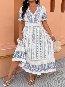 Ceyna Plus Size Women's Casual Elegant Floral Print V-Neck Short Sleeve Dress Bohemian Zanzea Dress For Woman - Blue and White - View 3
