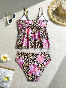 SHEIN Bộ đồ bơi tankini hai mảnh họa tiết hoa và da báo dành cho thiếu nữ, đồ bơi mùa hè họa tiết da báo, đồ bơi họa tiết động vật, đồ bơi da báo cho thiếu nữ, đồ bơi hai mảnh họa tiết da báo, tankini họa tiết da báo, đồ bơi họa tiết hoa và da báo, áo bơi họa tiết da báo. - Nhiều màu - Xem 2