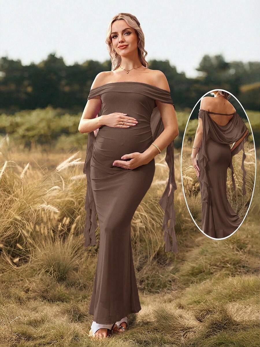 Cheriluna Maternity Đầm maxi bầu màu trơn, lệch vai, hở lưng, thích hợp cho tiệc Giáng sinh, tiệc trang trọng, tiệc mừng em bé sắp chào đời. - màu nâu - Xem 1