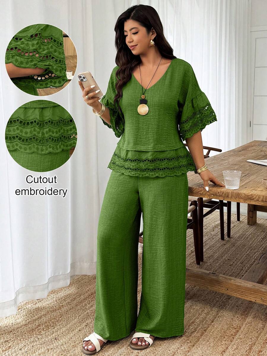 Weeklong Women Plus Size Floral Trim Sleeve & Hem Round Neck Loose Top And Straight Leg Pants 2 Pieces Set, Suitable For Vacation And Daily Wear, Spring/Summer - Army Green - View 1