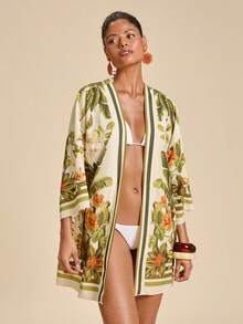 Travachic 女士热带植物印花宽松长袖和服罩衫 - 彩色 - 查看 4