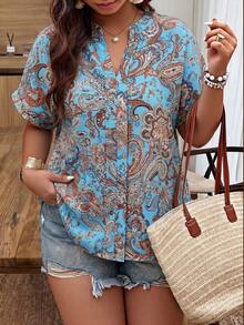Weeklong Plus Size Paisley Print Notch Collar Casual Vacation Shirt - Multicolor - View 4