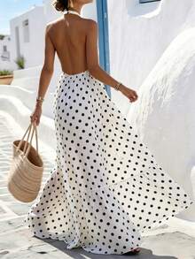 SHEIN Holidaya Đầm chấm bi cổ yếm cho nữ, đầm dài đi nghỉ mát cho nữ, đầm trắng cho nữ, thích hợp cho đám cưới, dạ hội. - trắng - Xem 2