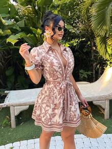 SHEIN SXY Đầm chữ A in họa tiết nhiệt đới phong cách bohemian thường ngày cho kỳ nghỉ - Nhiều màu - Xem 4