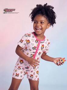 THE POWERPUFF GIRLS X SHEIN Maija Kids Young Girl Cartoon Print Casual Round Neck Short Sleeve Jumpsuit Romper For Daily Wear - Pink - View 3