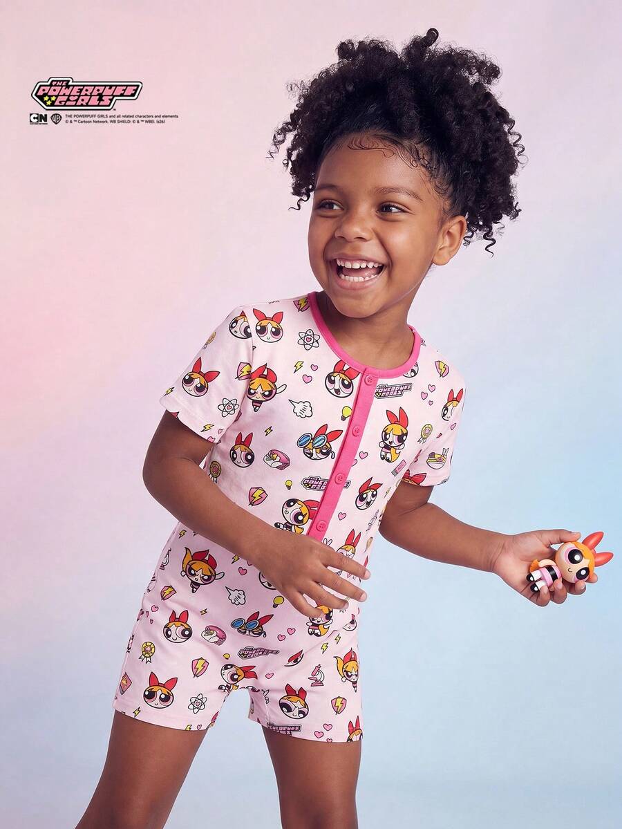 THE POWERPUFF GIRLS X SHEIN Maija Kids Bộ áo liền quần tay ngắn cổ tròn in hình hoạt hình dành cho bé gái, kiểu dáng thường ngày. - Hồng - Xem 1
