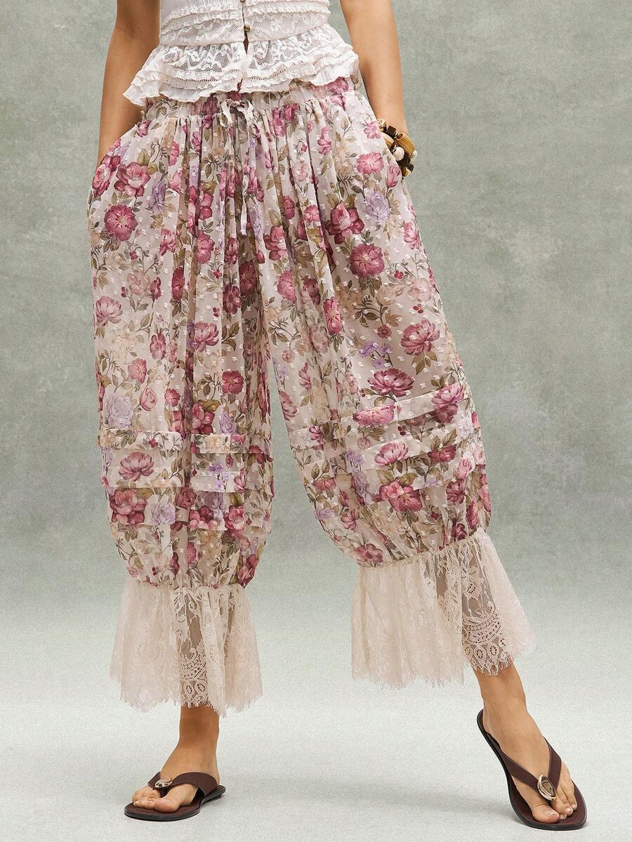 SHEIN BohoFeels Woven Loose Printed Vacation Pants For Women - Pink - View 1