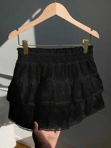 Comfortcana Plus Size Women Casual Embroidered Layered Ruffle Hem Mini Skirt - Black - View 5