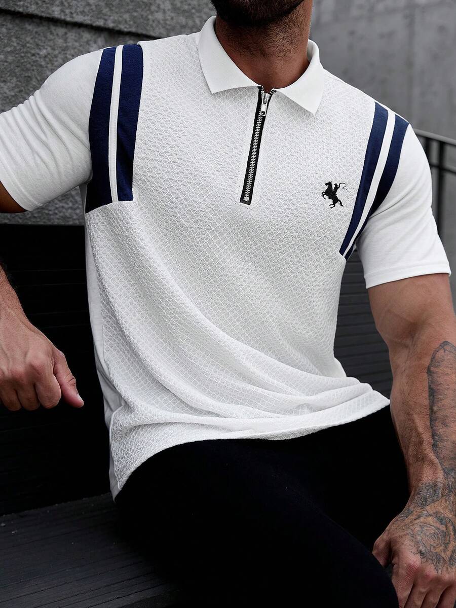 Manfinity Mode Men's Fashionable Versatile Zip-Up Half Placket Striped Short Sleeve Polo Shirt - White - View 1
