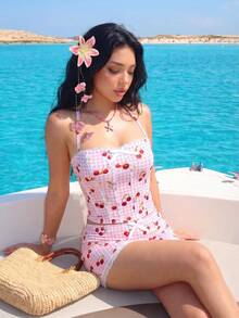 Sweetina 两件套黄色连体衣沙滩领露背撞色格纹印花背心和低腰短裤套装 - 粉色 - 查看 3