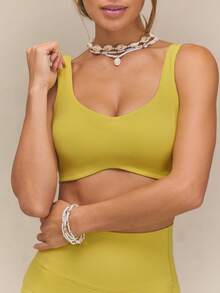 GLOWMODE FeatherFit™-Sculpt Push-Up Compressive Built-In Mesh Straps Removable Cups V-Back Demi Sports Bra Running Workout Gym - Sunlit Yellow - View 7