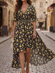 SHEIN Clasi CURVE Plus Size Women V-Neck Floral Print Irregular Hemline Mid-Length Sleeve Dress,Black Summer Boho Tea Party Vacation Casual Sundress Easter Outfit - Multicolor - View 3