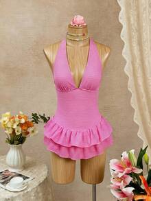 Bellisia Đầm màu trắng và hồng có họa tiết, cổ yếm, cổ chữ V sâu, hở lưng, thiết kế xếp ly đôi ở gấu, kiểu dáng dễ thương và ngọt ngào cho mùa hè đi biển, tiệc bể bơi. - Màu Hồng Tươi - Xem 1