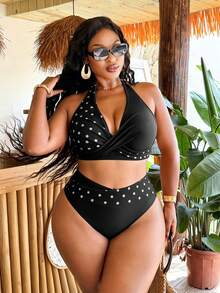 Swim Vcay Conjunto de tankini de traje de baño con cuello de halter y estampado, talla grande - Multicolor - Ver 5
