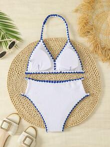 Bộ bikini hai mảnh màu trắng dành cho nữ tuổi teen, gồm áo bikini tam giác buộc dây cổ, viền bèo nhún và quần bikini tam giác viền trắng, kín đáo và thoải mái, dễ thương theo phong cách Pháp, thích hợp cho bơi lội, hồ bơi, lướt sóng, kỳ nghỉ, lễ hội, năm mới, nghỉ xuân, đi biển. - trắng - Xem 2