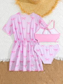 SHEIN 三件套少女泳装，粉色吊带镂空泳衣+彩色泳裤+彩色罩衫，甜美休闲可爱风格，舒适面料，适合海滩、游泳、冲浪。 - 粉色 - 查看 2