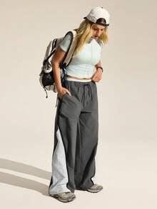 In My Nature Women's Contrast Color Drawstring Waist Pocket Wide Leg Hiking Pants - Grey - View 7