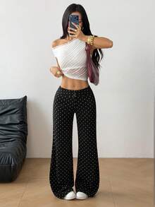 SHEIN EZwear 女士宽松休闲波点针织裤，百搭 - 黑色 - 查看 4