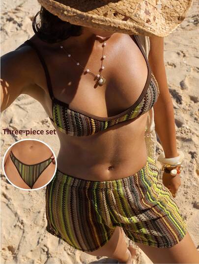 Swim Vcay 2026SS Green Striped Knit Fabric BOHO Style 3 PiecesSwimwear Set For Women, Suitable For Beach Vacation