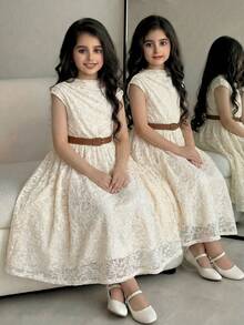 SHEIN Vestido de encaje con cuello alto, cintura con volantes y línea A casual y elegante para niña preadolescente - Albaricoque - Ver 5