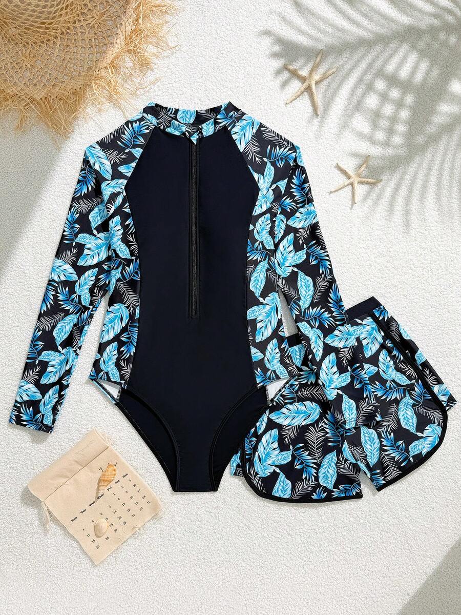 SHEIN Teenage Girl 2pcs Long Sleeve Swimsuit Set With Shorts,Tropical Print Mock Neck Front Zipper Rash Guard,Full Coverage Turquoise Summer Beach Holiday - Black - View 1