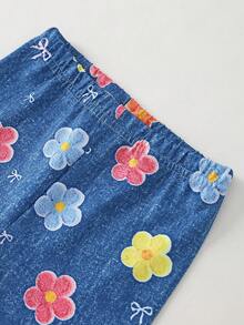 SHEIN 4-Piece Young Girls Summer Leggings, Soft Knit Shorts Set Featuring Leopard, Blue Denim Print, Floral Patterns & Pastel Pink For Everyday Play - Multicolor - View 4