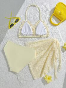 SHEIN 3件套少女时尚纯色沙滩度假比基尼套装，含披肩 - 杏色 - 查看 3