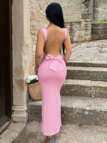 Vassilux 1 pieza Vestido rosa de mujer con decoración de lazo en la espalda - Vestido de mujer para otoño, fiesta de Navidad, vestido formal de Año Nuevo, vacaciones de Acción de Gracias, casual de negocios, elegante de Año Nuevo, vestido para sesión de fotos, vestido de verano para mujer, vestido en tonos pastel para mujer - Rosa - Ver 2