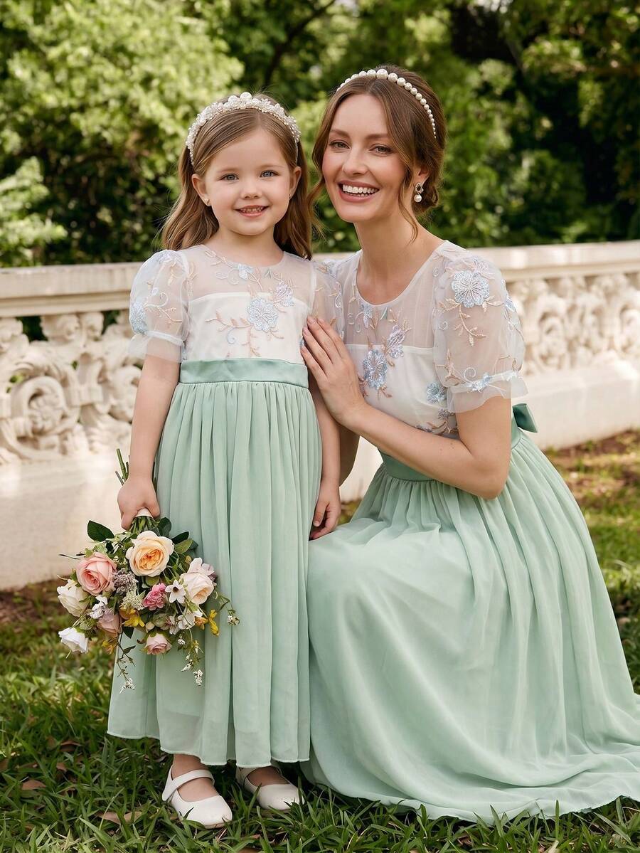 SHEIN 1 pieza Vestido de princesa de gasa bordado para niñas, falda verde fluida, adecuado para niña de las flores, boda, fiesta, verano