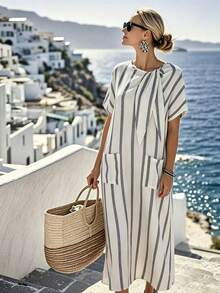 SHEIN LUNE Women's Blue And White Stripe Bow Decor Loose Dress, Casual Beach Vacation Holiday Style Summer - White - View 7