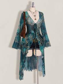 SHEIN ICON Áo kiểu nữ cỡ lớn in họa tiết Paisley, thắt nơ phía trước, thích hợp cho kỳ nghỉ và đi biển. - Màu xanh lam - Xem 8