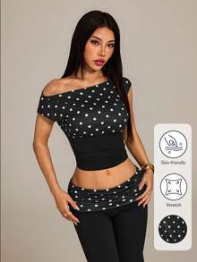 SHEIN PETITE Áo croptop nữ kiểu retro thanh lịch họa tiết chấm bi, cổ áo bất đối xứng, ôm sát, thích hợp cho mùa hè. - màu đen - Xem 11