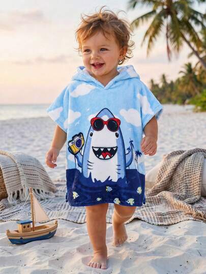 SHEIN Kids/Young Boy Cute Casual Flannel Cartoon Pattern Loose Hooded Swimsuit Cover-Up, Suitable For Beach, Spa, Swimming