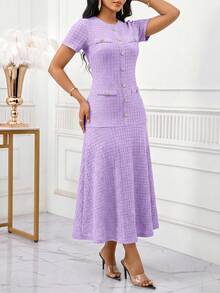 SHEIN Lady 女士纽扣设计圆领短袖优雅长裙 - 紫色 - 查看 4