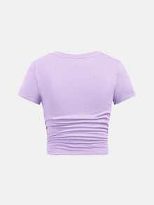 Girlism Tween Girl Casual Round Neck Short Sleeve Tee With Side Pleats And Hair Tie - Purple - View 2